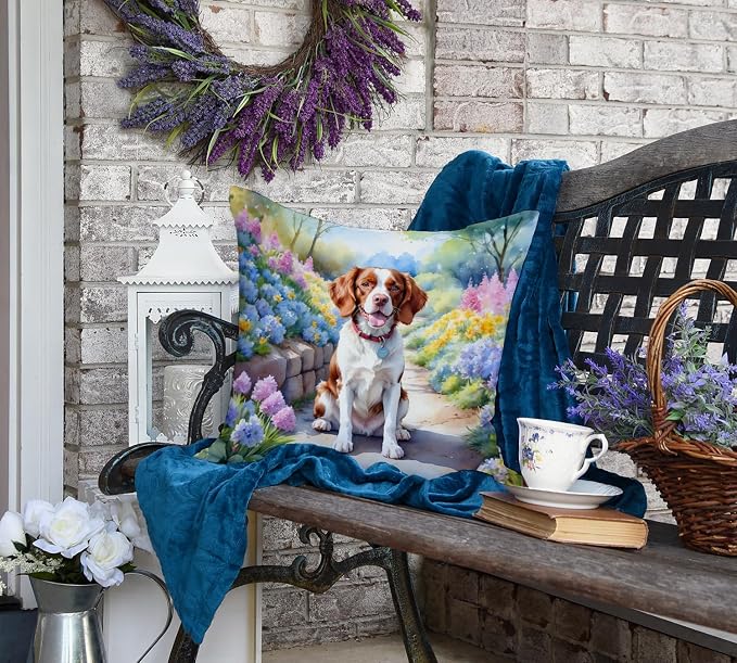 Caroline's Treasures Brittany Spaniel Spring Path Throw Pillow Machine Washable, Indoor Outdoor Decorative Pillow for Couch, Bed or Patio, 18Hx18W
