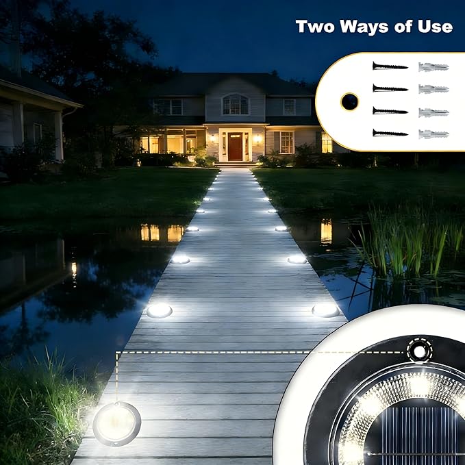 Flacchi Solar Lights Outdoor Waterproof - 2-in-1 Solar Powered Ground Lights Outdoor Solar Disk Light Landscape Light for Deck Step Patio Yard Pathway Walkway Driveway Garden (Cool White, 8 Pack)