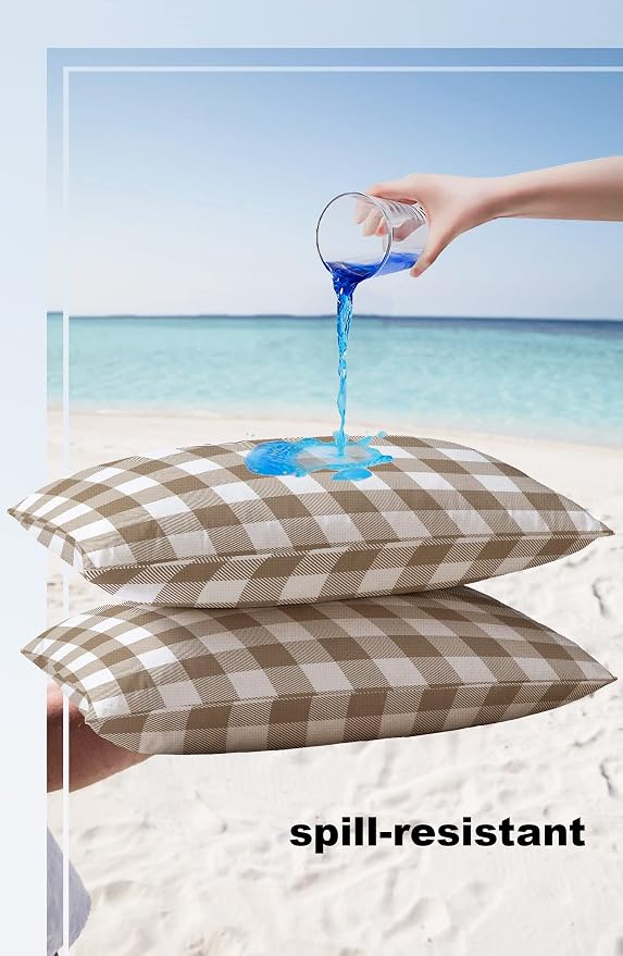 Outdoor Waterproof Throw Pillow Covers Set of 2 Light Brown Buffalo Check Plaid Lumbar Pillowcases 20x12 Inches Farmhouse Style Patio Decorative Pillows Cushion Case Patio Pillows for Couch Bed Garden