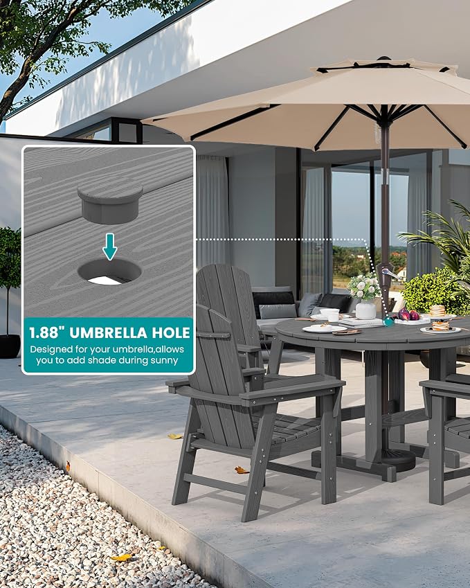 SERWALL 6-Piece Patio Dining Sets with Umbrella, HDPE Outdoor Table and Chairs Furniture Set, 45" Round Dining Table & 4 Adirondack Dining Chairs & 1 9FT Umbrella, Grey(Not Include Umbrella Base)