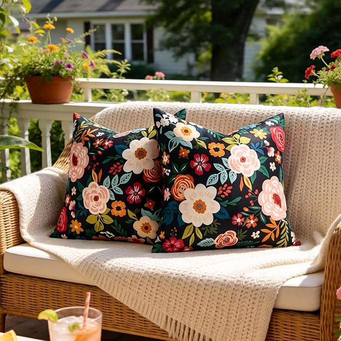 Outdoor Waterproof Pillow Covers Decorative Black Floral Pillow Covers Summer Accent Square Couch Covers Garden Farmhouse Throw Cushion Cases 20x20 Inch Set of 2 for Patio Tent Balcony Bench Sofa
