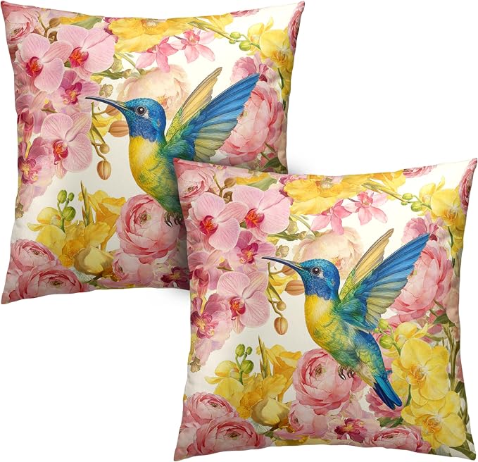 Spring Pillow Covers 20x20 Set of 2 Hummingbird Throw Pillow Covers Pink Yellow Moth Orchid Buttercup Floral Pillow Case for Home Decor Couch Sofa