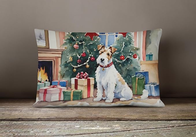 Caroline's Treasures DAC2766PW1216 Fox Terrier Cozy Christmas Throw Pillow Machine Washable, Indoor Outdoor Decorative Pillow for Couch, Bed or Patio, 12HX16W