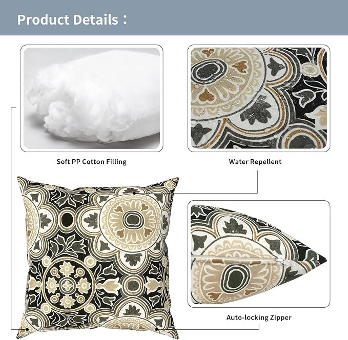 Outdoor Pillows with Insert 18x18 Inch, Waterproof Throw Pillow for Patio Furniture, Decorative Back Cushion for Garden Home Sofa Office Chair, Set of 2, Vintage Medallion