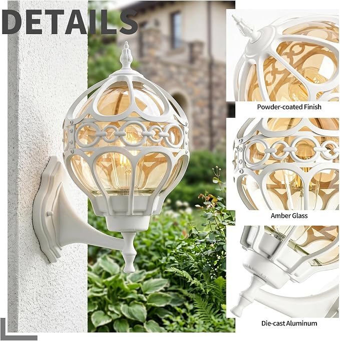 2 Pack White Globe Outdoor Wall Lights, Round Exterior Wall Sconce for Patio, Porch, Entryway, Anti-Rust Aluminum Wall Mount Lighting Fixture, Outside Wall Lantern with Amber Glass & Ornate Cage