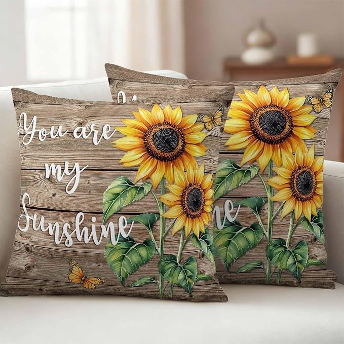 Sunflower Outdoor Waterproof Throw Pillow Covers Set of 2, 26"x26", You are My Sun Shine Vintage Brown Wood Board Decorative Pillow Covers Outside Cushion Case for Patio Porch Garden