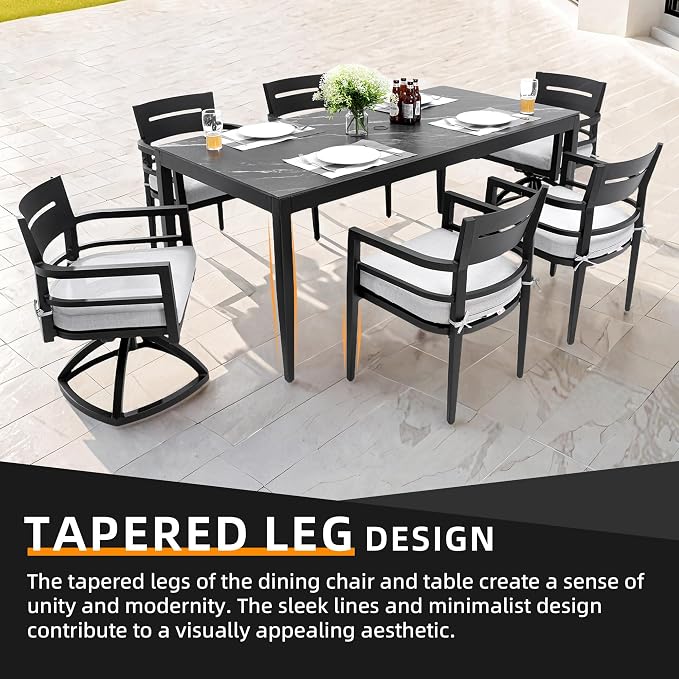 7PC Aluminum Outdoor Patio Dining Set, 71" Rectangular Dining Table with Black Marble Pattern Sintered Stone Top, 4 Chairs & 2 Cushioned Swivel Rockers, All-Weather Patio Furniture