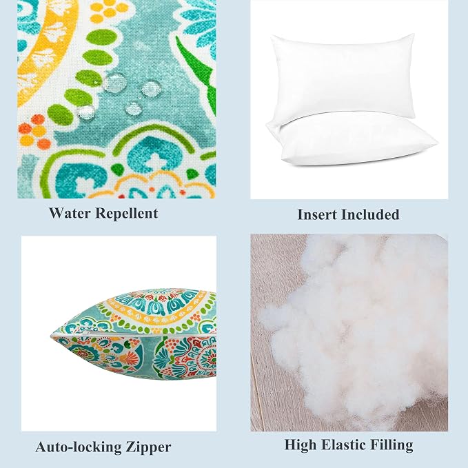 FUNHOME Outdoor Lumbar Pillow with Insert 12x20 Inch Pack of 2-Cyan Circle | Outdoor Pillows for Patio Furniture, Water-Repellent, Decorative Garden Pillows for Home Patio Coach Sofa Use