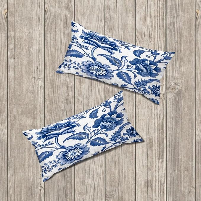 Set of 2 Blue and Ivory Indigo Floral Pillow Covers 12x24in Farmhouse Canvas Cushion Covers Outdoor for Couch Chair Home Decor for Family Friends