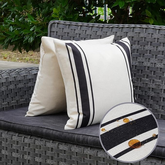 ONWAY Outdoor Pillow Covers Waterproof 18x18 Set of 2 Decorative Linen Throw Pillow Cover Beige and Black Striped Outdoor Pillows for Patio Furniture