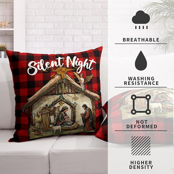 Xmas O Holy Night Silent Night Throw Pillow Covers Jesus Nativity Pillow Case Red Buffalo Plaid Christmas Pillow Covers 20x20 Set of 2 for Living Room Couch Bedroom