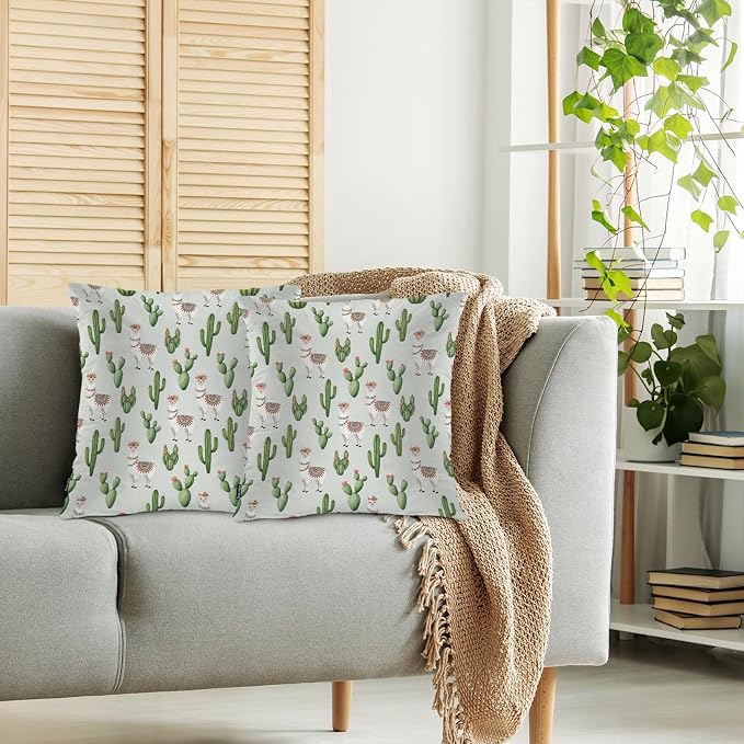 Swono Set of 2 Decorative Throw Pillow Covers Llama, Cute Alpaca Llama Cactus Flowers Farmhouse Pillowcases Accent Pillow Cushion Cover for Couch Sofa Bed Office Armchair 18 X 18 Inch