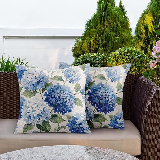 Throw Pillow Covers, Hydrangea Floral Blue, 18 x 18 Inch, Set of 2 | Flower Botanical Outdoor Waterproof Square Cushion Case Pillowcase Farmhouse Garden Decorative Pillows for Couch Beach Patio