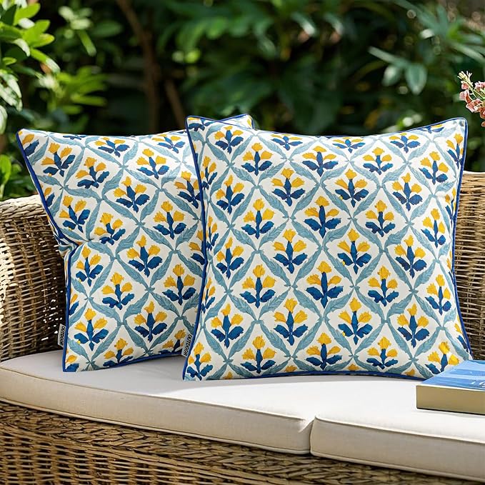 MIULEE Outdoor Floral Pillow Covers Waterproof 18x18 Light Yellow Blue | Decorative Block Print,Boho Farmhouse, Set of 2 Coastal Summer Cushion Covers with Piping,Garden Patio Furniture Porch Couch