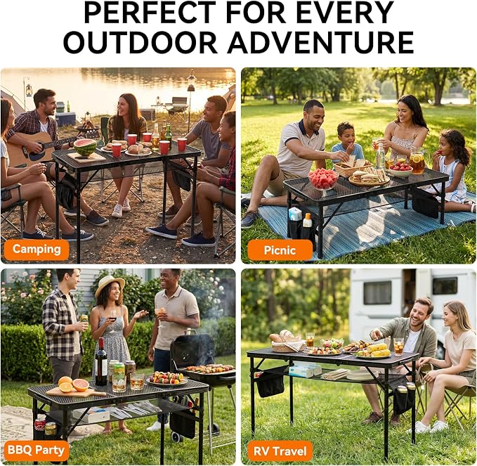 3Ft Foldable Grill Table for Camping, Portable Metal Mesh BBQTable with Dual Side Storage Bags, Lightweight Folding Outdoor Cooking Table for Picnic, RV Travel, Beach & Backyard BBQ
