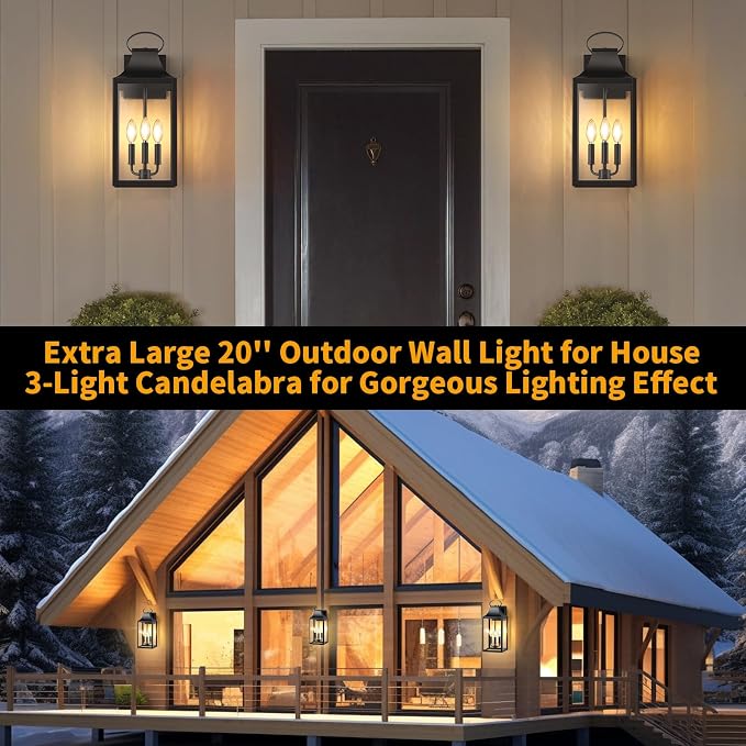20" Extra Large Dusk to Dawn Outdoor Wall Light with 3-Light, Black | Exterior Lighting Fixtures, Waterproof Wall Mount Porch Lantern, Modern Outside Wall Sconce Garage Coach Light, E12, 1 Pack
