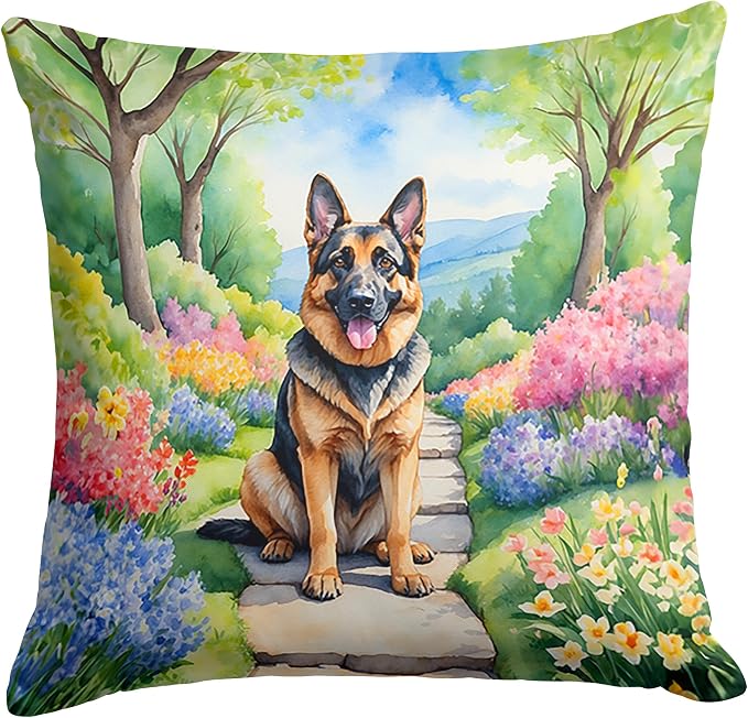 Caroline's Treasures German Shepherd Spring Path Throw Pillow Machine Washable, Indoor Outdoor Decorative Pillow for Couch, Bed or Patio, 14Hx14W