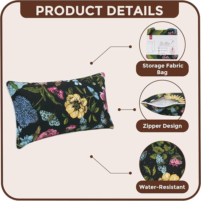 Outdoor Lumbar Pillow Covers 12X20 Inch, No Insert-Black Flower Butterfly | Patio Lumbar Cases Pack of 2, Water-Repellent, Throw Pillowcase for Couch Garden Furniture