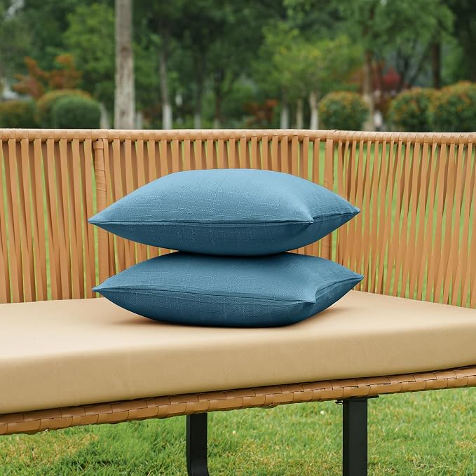 NiNi ALL Pack of 2 Decorative Outdoor Waterproof Pillow Covers Square Garden Linen Textured Cushion Sham Throw Pillowcase Set of 2 for Patio Farmhouse Garden Tent Couch 24x24 Inch Dark Blue