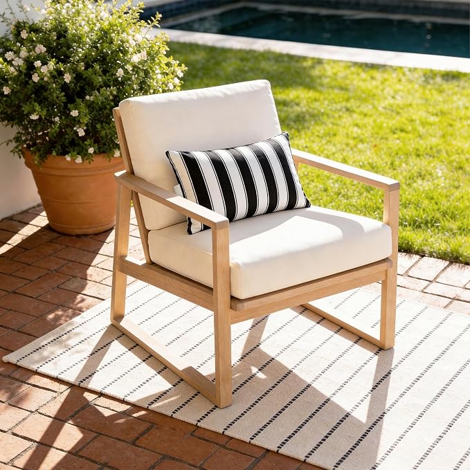 Outdoor Lounge Chair Headrest Pillow 16x11 Inch, Black Striped Waterproof Lumbar Pillows with Insert Adjustable Elastic Strap, Neck Attachment for Recliner Patio Beach Pool Office, 2 Pack