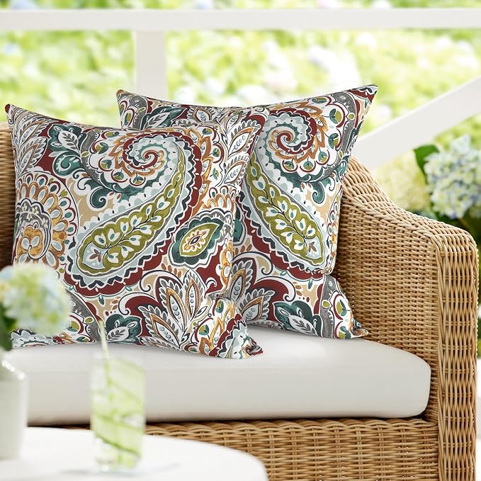 DYTXIII Pack of 2 Waterproof Outdoor Pillow with Inserts, 18x18 Square Patio Decorative Throw Pillow for Home,Sofa,Bench and Patio Furniture,Paisley Chilli