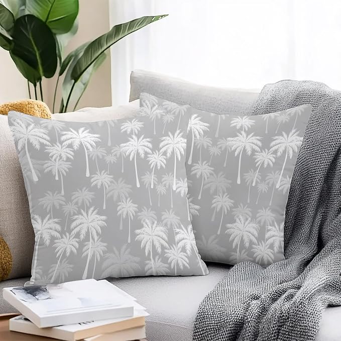 Throw Pillow Covers 20x20 Inch Set of 2, Tropical Palm Tree Waterproof Outdoor Pillow Covers, Gray White Plants Coastal Leaf Beach Decorative Cushion Pillowcases for Couch, Sofa, Bed, Garden, Patio