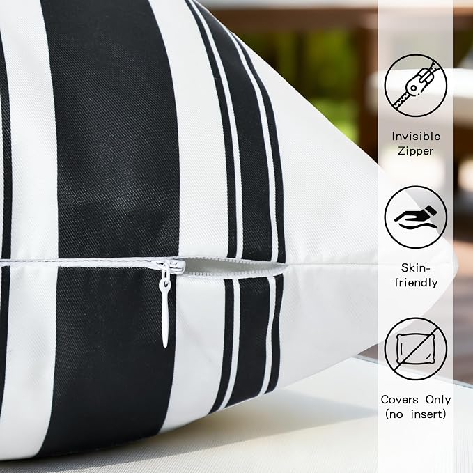 4 Pack Outdoor Waterproof Throw Pillow Covers 18x18 Inch | Black and White Stripe Geometric Decorative Throw Pillow Cover, Modern Outdoor Cushion Cases for Patio Garden Porch Sofa
