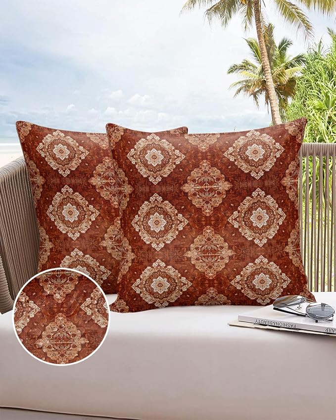 Prime Leader Outdoor Waterproof Pillow Covers Set of 2, Medieval Turkish Patterns Mural Wallpaper Retro Patio Throw Pillow Covers, Decorative Cushion Case for Couch Sofa Furniture Garden, 18x18 Inch