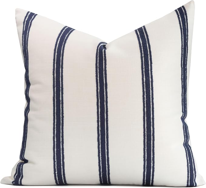 Coastal Linen Indoor Outdoor Throw Pillow Cover Only, 22"x22" Water Repellent for Patio, Backyard, Couch, Neutral Dark Navy Embroidered Stripes