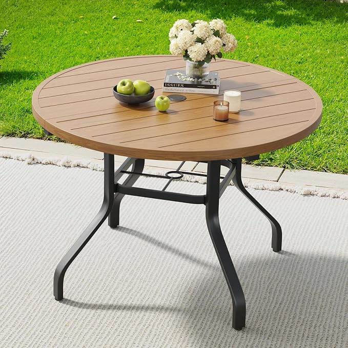 Soohow Round Outdoor Dining Table, 41" Round Patio Table Wood-Like Grain with 1.57" Umbrella Hole, Metal Outdoor Dining Tables for Backyard and Poolside