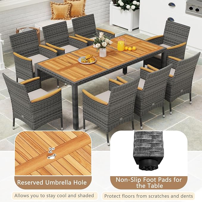 HAPPYGRILL 9 Pieces Patio Dining Set for 8, Outdoor Acacia Wood Table and Rattan Chairs with 2" Umbrella Hole, Cushions, Wicker Outdoor Dining Furniture Set for Backyard, Garden, Deck
