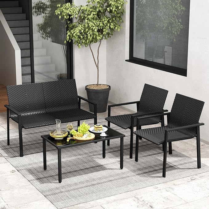 HAPPYGRILL 4 Pieces Wicker Patio Conversation Set with Coffee Table, PE Rattan Chairs with Galvanized Metal Frame, Outdoor Table and Chairs Set for Small Space, Balcony, Poolside, Backyard (Black)