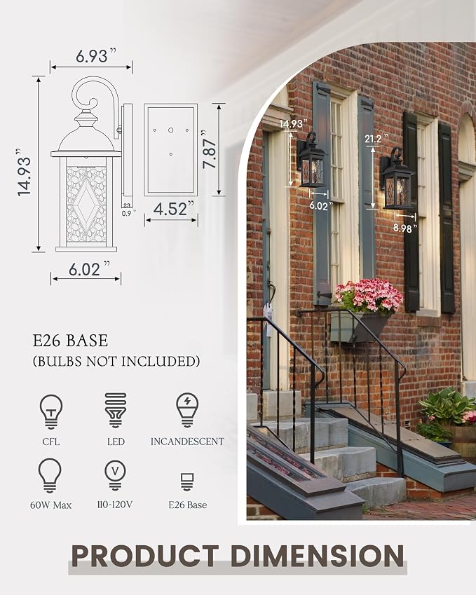 FEMILA Outdoor Wall Light Fixture,1-Light Exterior Waterproof Wall Sconce, Front Porch Lights, Matte Black Finish with Water Ripple Glass, UL Listed, 4FD54B BK-SD