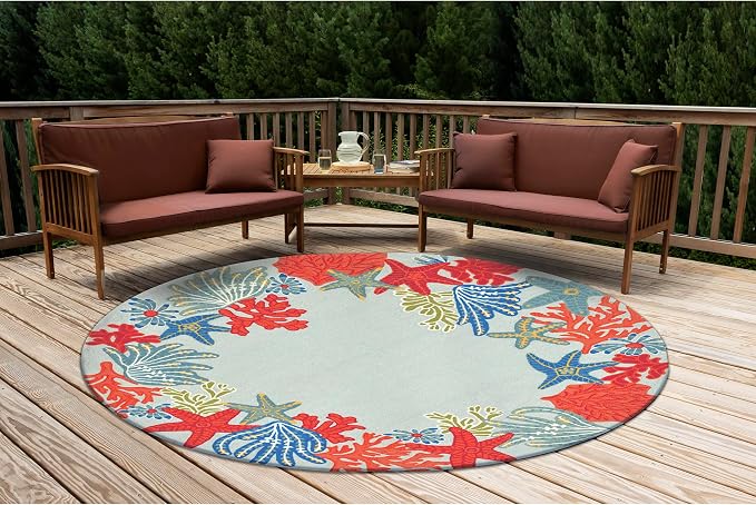 Liora Manne Ravella Coastal Ocean Scene Indoor/Outdoor Round Rug, 8', Aqua Blue