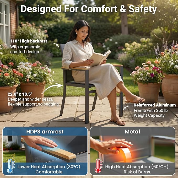 Aluminum Patio Chairs Set of 6 for All-Weather, Outdoor Patio Chairs with Breathable Quick-Drying Textilene, Outdoor Chair with 110° Ergonomic High Backrest for Porch, Patio, Garden, Deck, Backyard