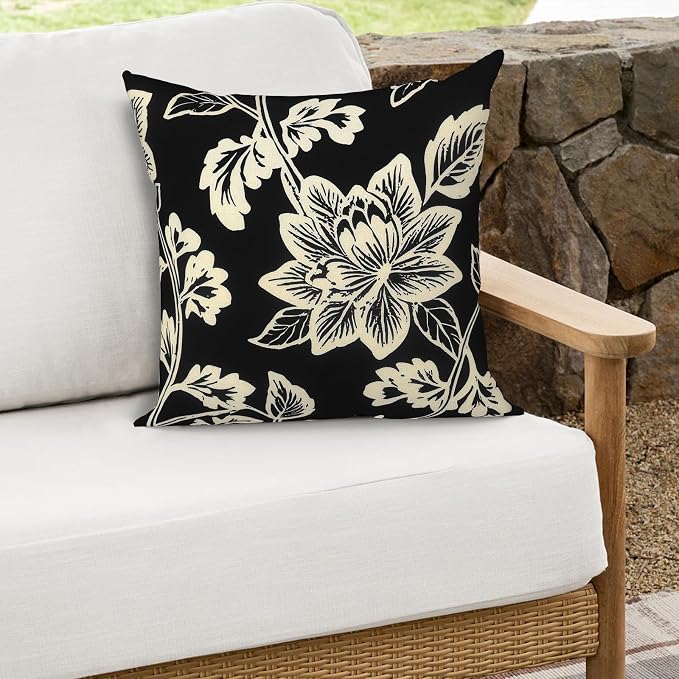 Outdoor 16x16 Inch Throw Pillows, Water Repellent Patio Pillows with Inners Set of 2 for Patio Furniture Home Graden, Elegant Vines Black