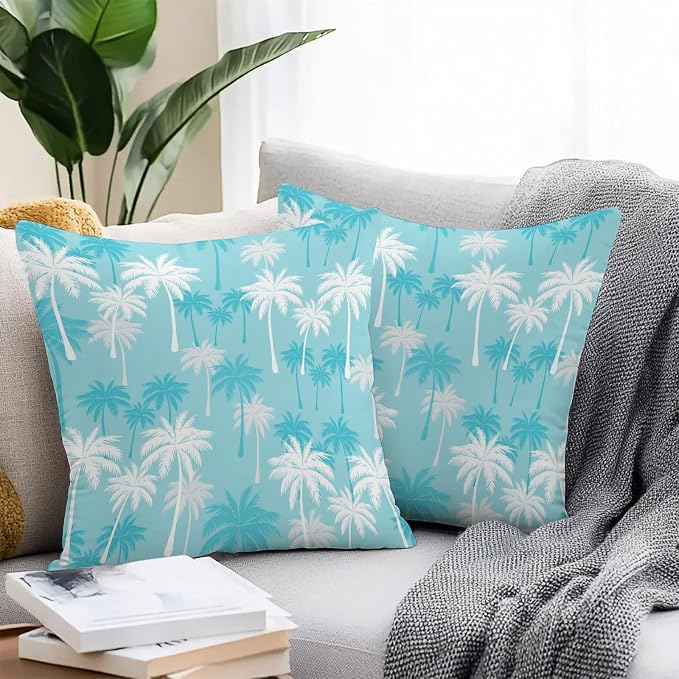 Throw Pillow Covers 18x18 Inch Set of 2, Tropical Palm Tree Waterproof Outdoor Pillow Covers, Blue Cyan Plants Coastal Leaf Beach Decorative Cushion Pillowcases for Couch, Sofa, Bed, Garden, Patio