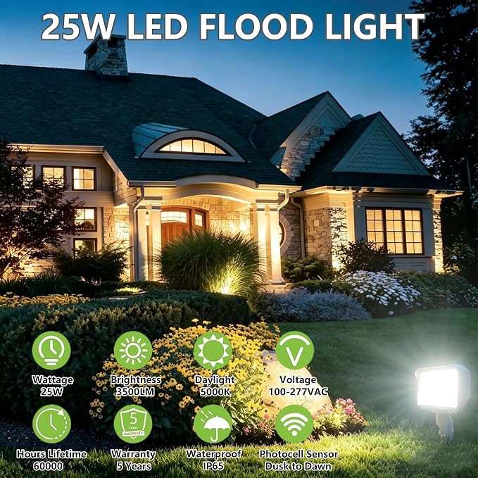 2Pack Dusk to Dawn Outdoor 25W LED Flood Light with Knuckle & Plate Mount, 5000K ETL Commercial LED Security Lighting