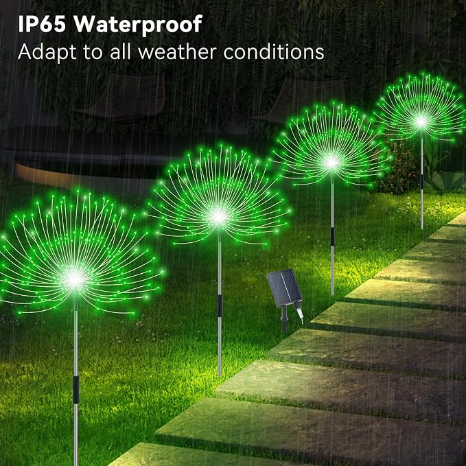 Slyuexu Solar Garden Lights Outdoor Waterproof, 4 Pack Total 480 LED Solar Firework Lights Decorative with 8 Lighting Modes Outside for Yard Pathway Flowerbed Decor, Green