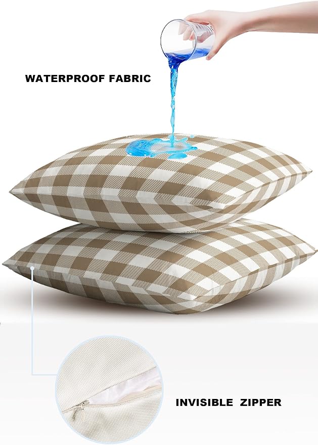 Outdoor Waterproof Throw Pillow Covers Set of 2 Light Brown Buffalo Check Plaid Pillowcases 18x18 Inches Farmhouse Style Patio Decorative Pillows Cushion Case Patio Pillows for Couch Bed Chair Garden
