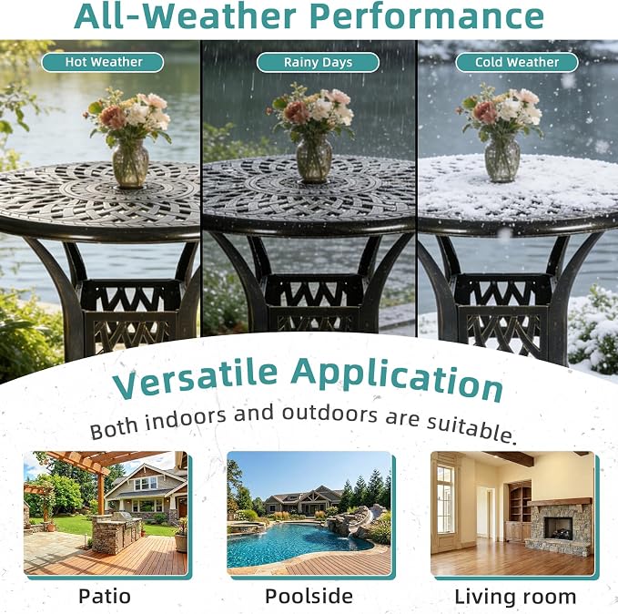 MEETWARM 31" Round Patio Bistro Table, Outdoor Cast Aluminum Small Dinning Table with 2" Umbrella Hole, Dark Bronze