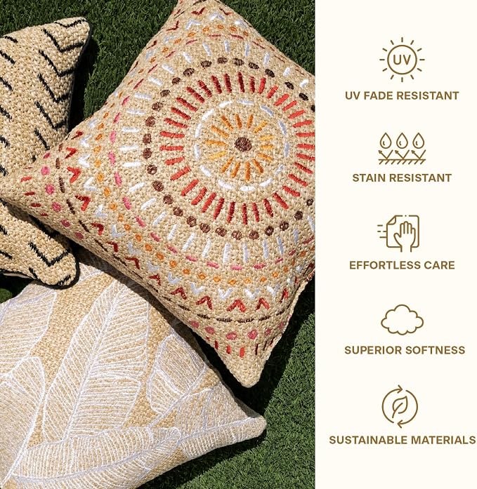 Honeycomb Outdoor Square Toss Pillows for Patio Furniture, 17 x 17, 2-Pack | Raffia Palm Green Throw Pillows, Water & Fade Resistant for Patio Furniture Set, 2-Pack