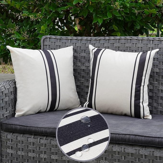 ONWAY Outdoor Pillow Covers Waterproof 20x20 Set of 2 Decorative Linen Throw Pillow Cover Beige and Black Striped Outdoor Pillows for Patio Furniture