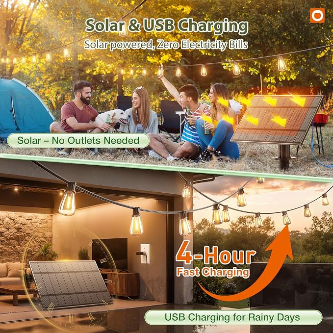 addlon 204FT(2 Pack*102FT) Solar String Lights Waterproof, 60+4 LED Bulbs | Patio Lights Solar Powered with Remote & USB Port, 3 Lighting Modes Outdoor Light for Camping Backyard Garden