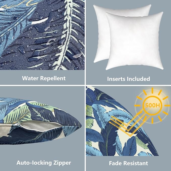 LVTXIII Outdoor/Indoor Throw Pillows, Decorative Throw Pillows with Inserts, 18"x18" Square Pillows for Bed, Couch, Sofa and Patio Furniture (Set of 2, Swaying Palms Blue)