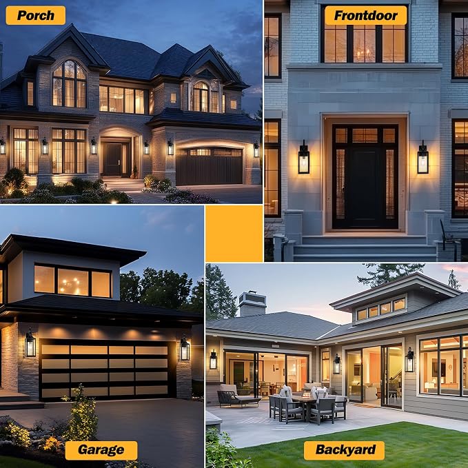 19" Dusk to Dawn Outdoor Lighting Porch Lights Black with Gold Trim 2 Pack | Large Outdoor Wall Lights, Sensor Exterior Lighting Fixtures, Toughened Glass, E26 Socket, Waterproof for House Garage