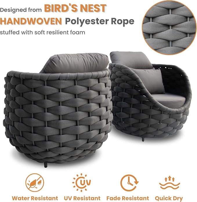 Aluminum Outdoor Seating Set: 5 Pieces Woven Rope Patio Furniture Conversation Set - Modern Deck Loveseat Set Cushioned - Assembled Metal Porch Lounge Set for Yard Garden Lanai Hotel, Dark Grey