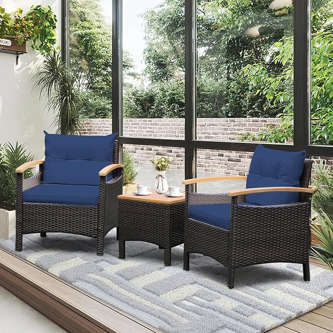 HAPPYGRILL 3 Pieces Patio Rattan Conversation Set, Outdoor PE Wicker Furniture Set Bistro Set with Coffee Table, Soft Seat Cushions & Throw Pillows, Acacia Wood Sofa Set for Patio Courtyard Poolside