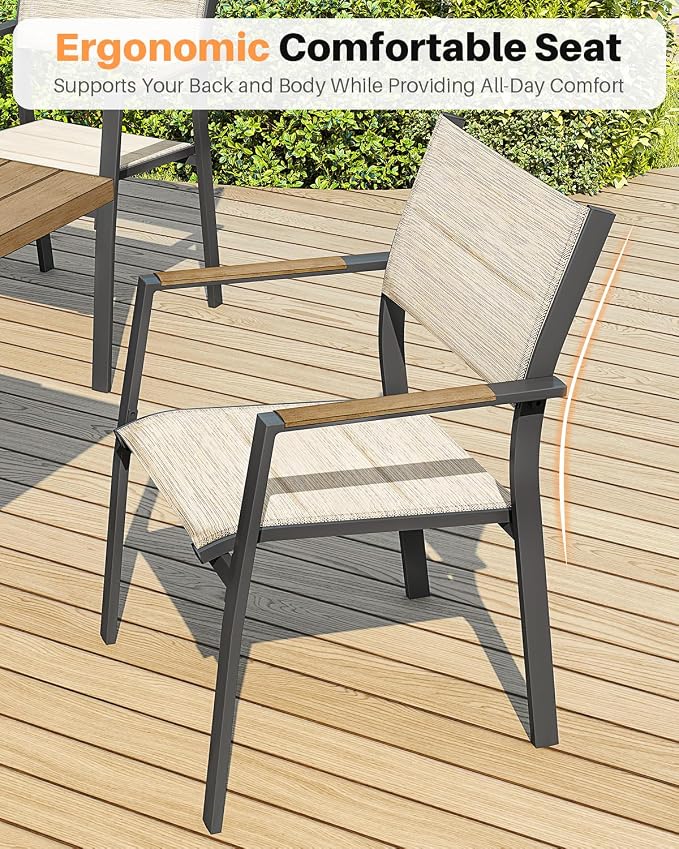 Patio Stacking Dining Chairs, Never-Rust Aluminum Stackable Patio Chairs Set of 2, Upgraded 3D Double-Layer Textilene Outdoor Dining Chairs, Patio Dining Chairs for Deck, Garden, Balcony, Teak
