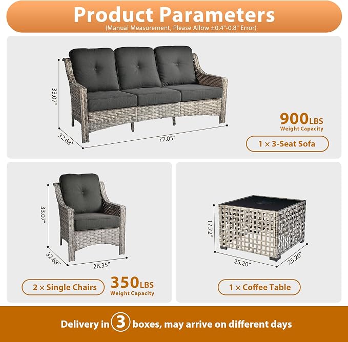 Outdoor Patio Furniture Sets, 4 PCS Patio Conversation Set Outside Rattan Sofa with Solar Light Coffee Table Comfy Cushions Fit Backyard Porch Garden Poolside Balcony,Black